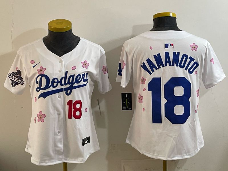 Women Nike 2026 Los Angeles Dodgers #18 Yamamoto White Sakura Edition Game MLB Jersey 03->women mlb jersey->Women Jersey